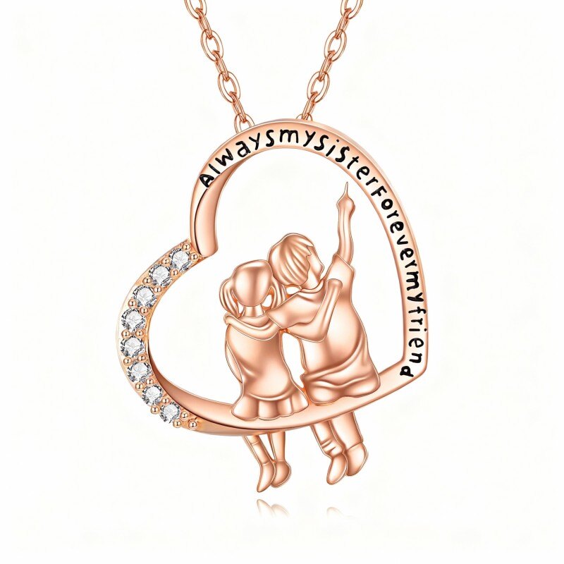 Naszyjnik z 14-karatowego różowego złota z cyrkoniami sześciennymi i wisiorkiem w kształcie serca dla brata i siostry z grawerowanym napisem-1