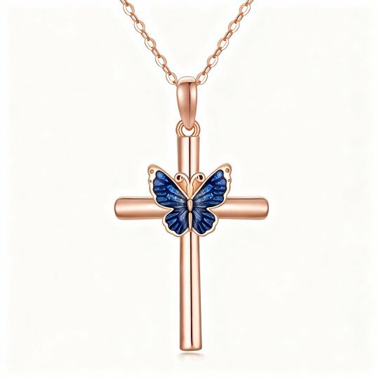 Halskette mit Schmetterlings- und Kreuzanhänger aus 10-karätigem Roségold