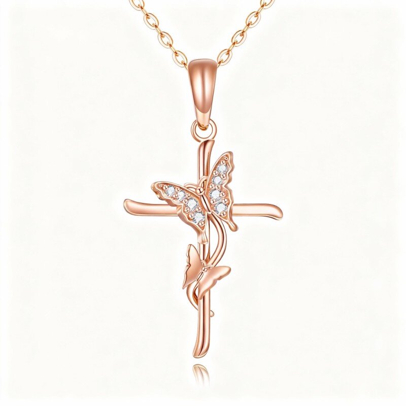 10K Rose Gold Cubic Zirconia Butterfly & Cross Pendant Necklace-1