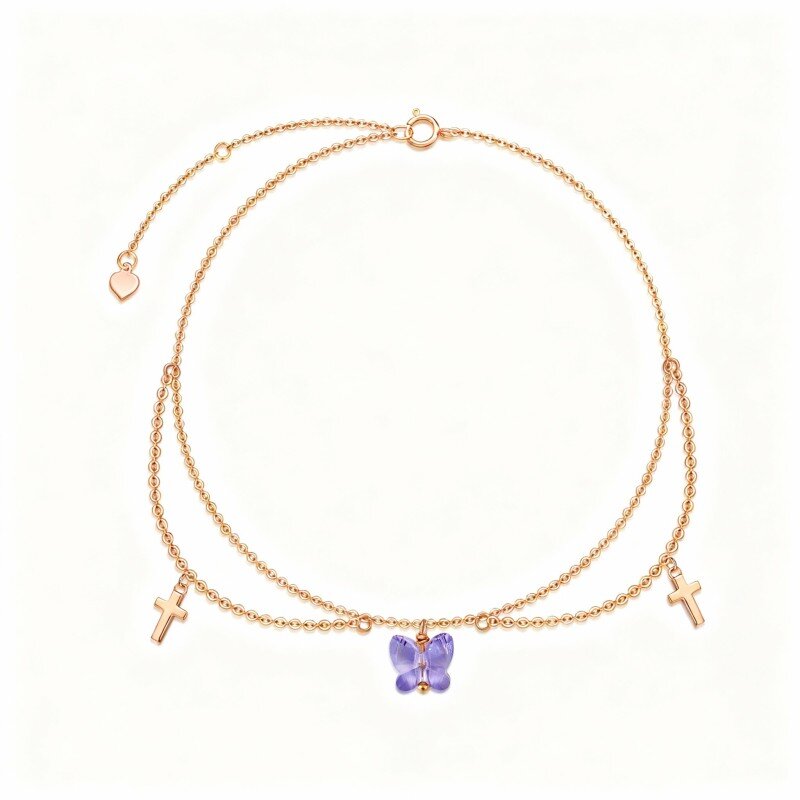 18K Rose Gold Cubic Zirconia Butterfly & Cross Single Layer Charm Anklet-1