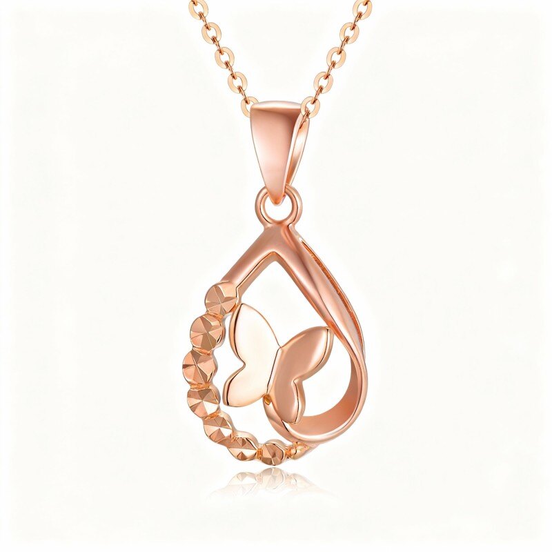 Collier pendentif papillon et goutte en or rose 10 carats-1