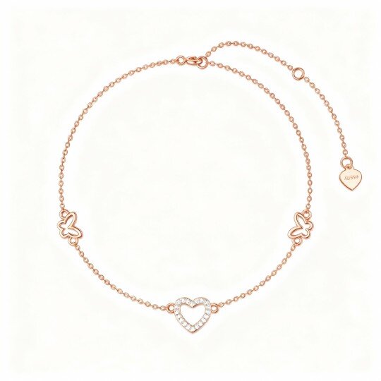10K Rose Gold Cubic Zirconia Butterfly & Heart Charm Bracelet