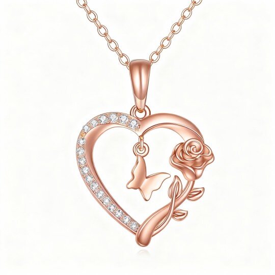 10K Rose Gold Cubic Zirconia Butterfly & Rose & Heart Pendant Necklace