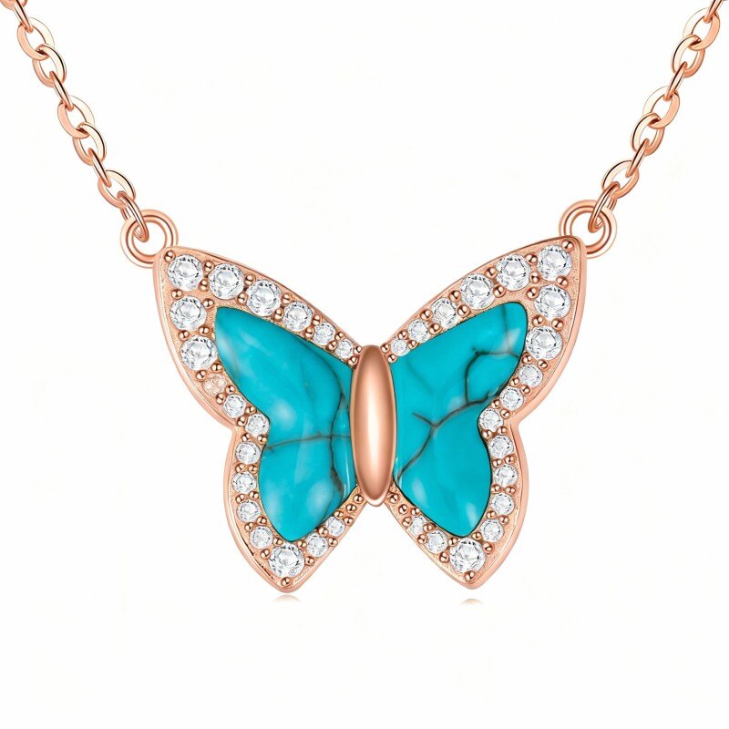 Collier pendentif papillon en or rose 14 carats et zircon cubique-1