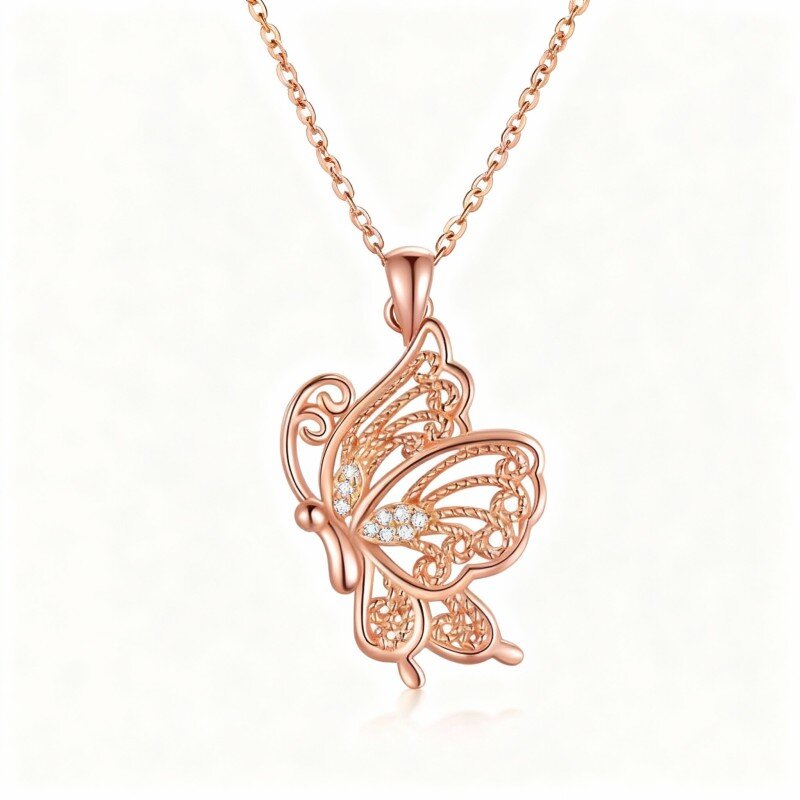 Collar con colgante de mariposa de circonita cúbica en oro rosa de 18 quilates-1
