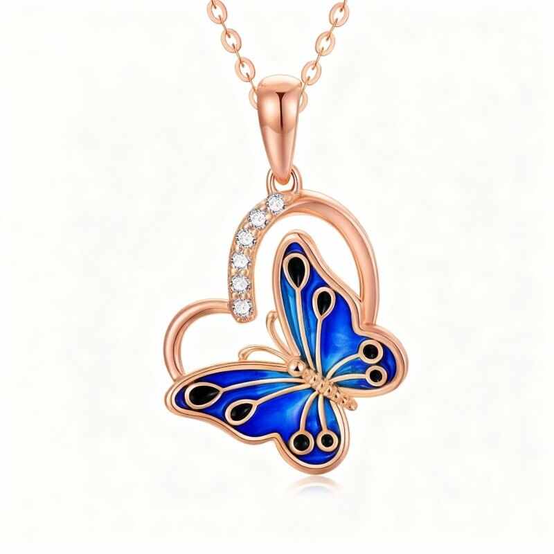 14K Rose Gold Cubic Zirconia Butterfly Pendant Necklace-1