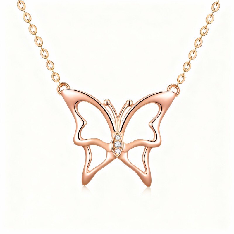 Halskette mit Schmetterlingsanhänger aus 14-karätigem Roségold und Zirkonia-1