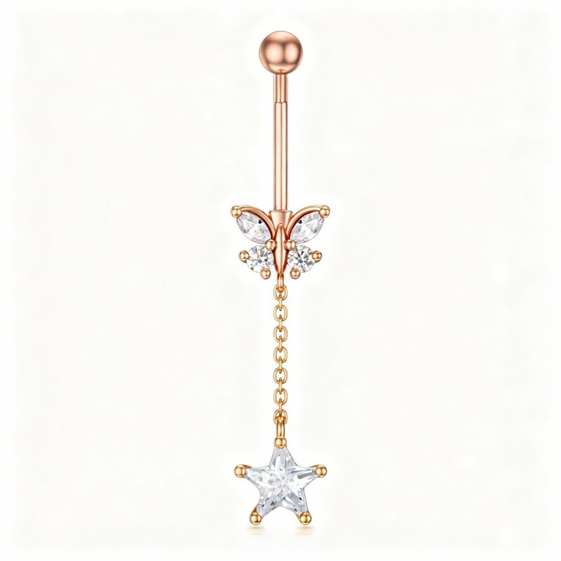 Piercing para umbigo em ouro rosa 10K com zircónias cúbicas em forma de borboleta e estrela-1