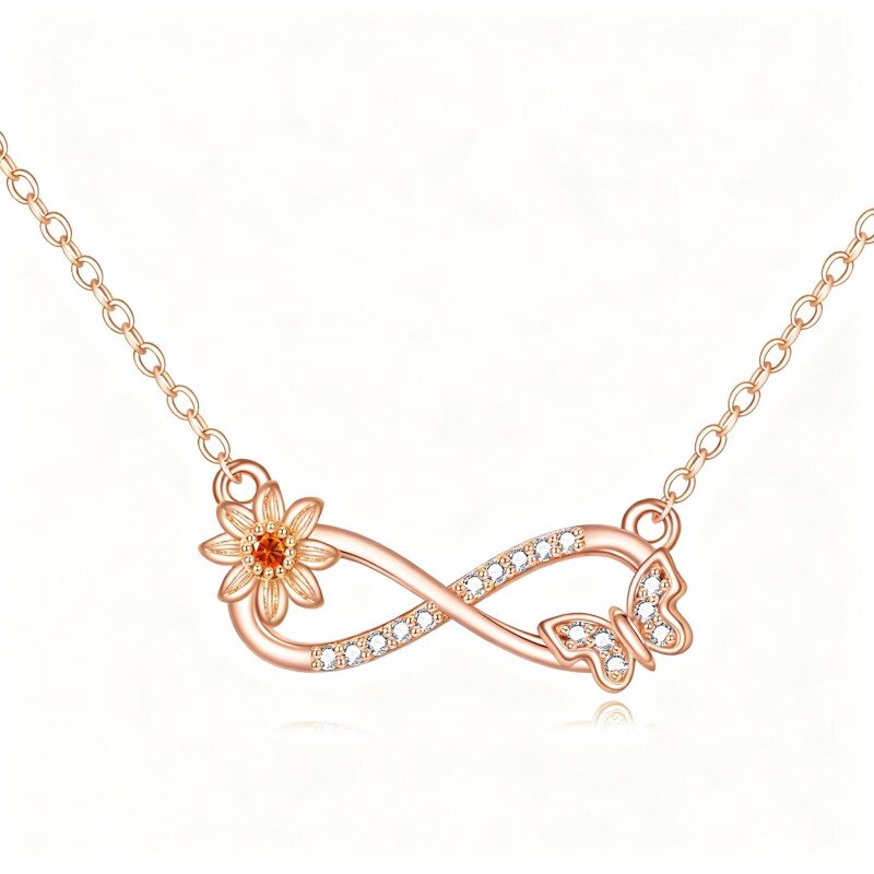 18K Rose Gold Cubic Zirconia Butterfly & Sunflower & Infinity Symbol Pendant Necklace-1
