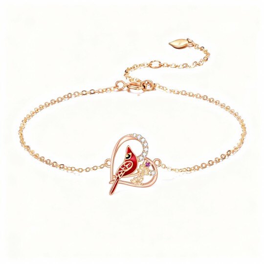 Pulsera de oro rosa de 10 quilates con dije de cardenal y corazón y circonitas cúbicas