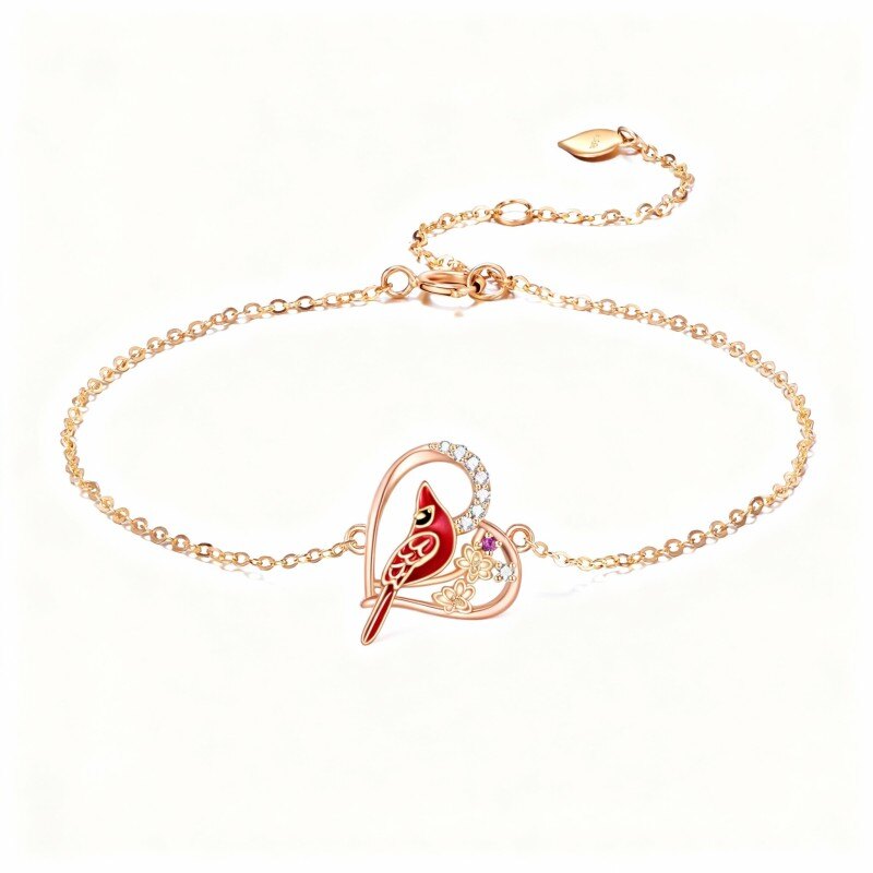 Pulseira com pendente de cardeal e coração em ouro rosa 18K e zircónias cúbicas-1