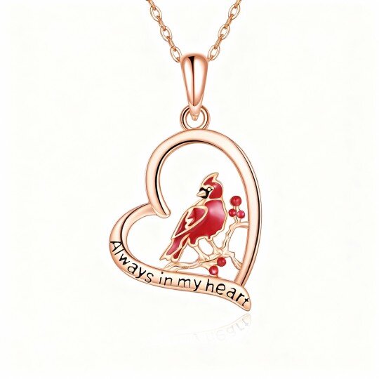 10K Rose Gold Cardinal & Heart Pendant Necklace with Engraved Word