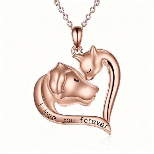 10K Rose Gold Cat & Dog & Heart Pendant Necklace with Engraved Word