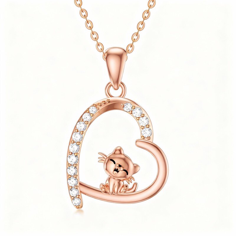 Colar com pendente gato e coração em ouro rosa 18K com zircónias cúbicas-1