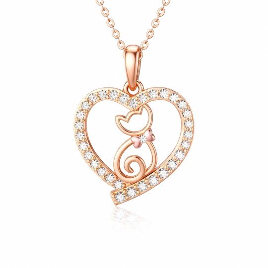 Halskette aus 10-karätigem Roségold mit Katzen- und Herzanhänger