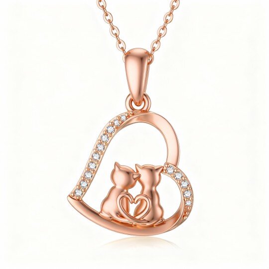 10K Rose Gold Cubic Zirconia Cat & Heart Pendant Necklace