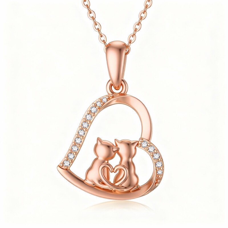 14K Rose Gold Cubic Zirconia Cat & Heart Pendant Necklace-1