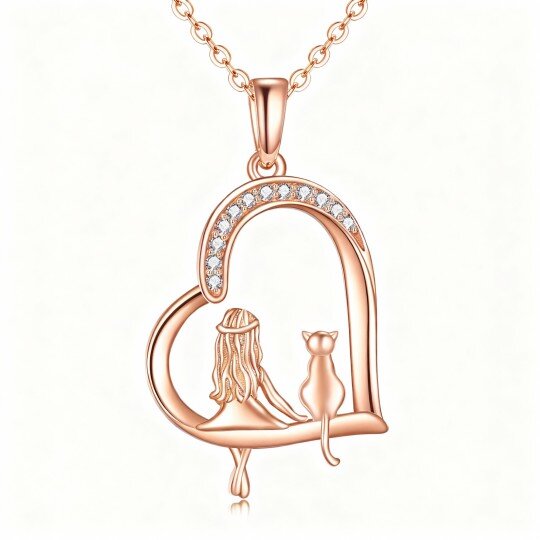 Collier pendentif chat et cœur en or rose 10 carats
