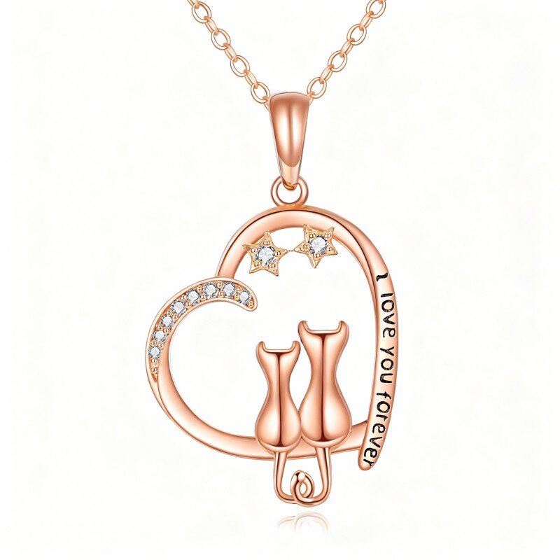 18K Rose Gold Cubic Zirconia Cat & Heart & Star Pendant Necklace with Engraved Word-1