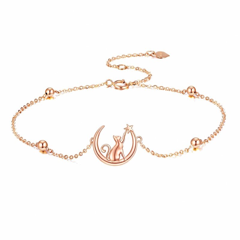 Pulseira com pendente gato e lua em ouro rosa 18K-1