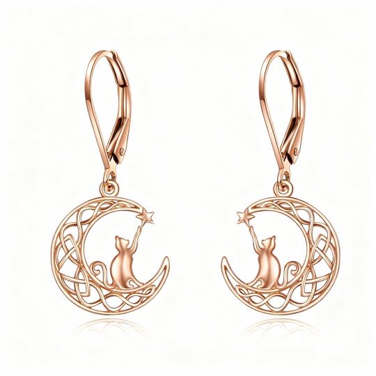 10K Rose Gold Cat & Moon Drop Earrings