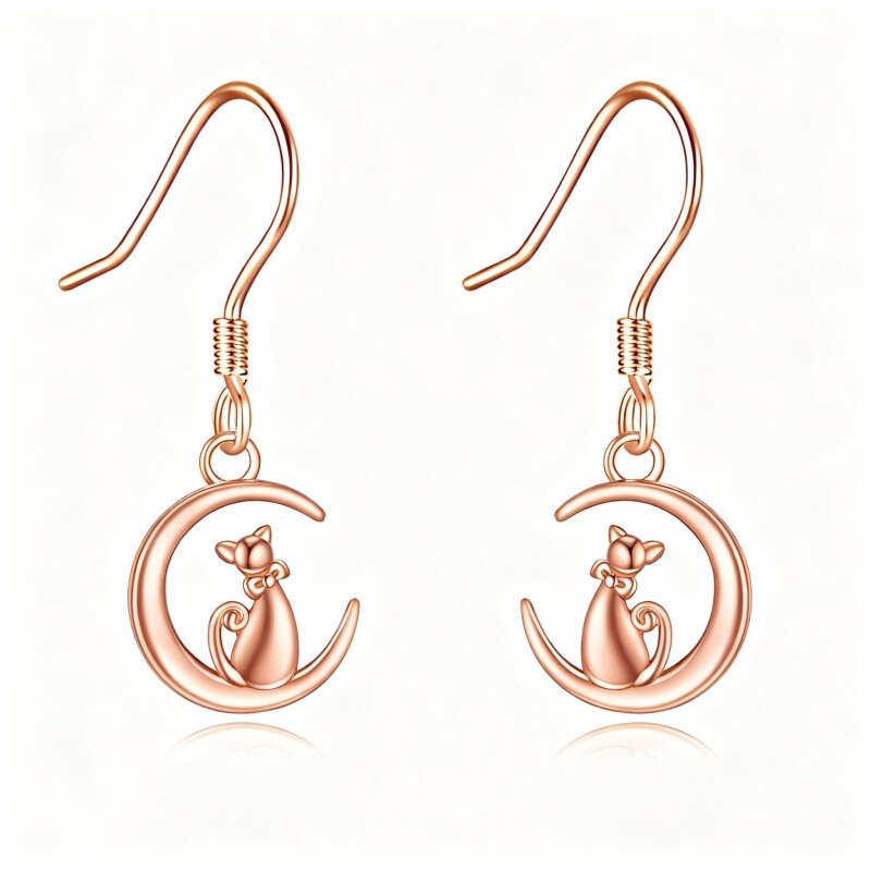 أقراط متدلية من الذهب الوردي عيار 10 قيراط على شكل قطة وقمر-1