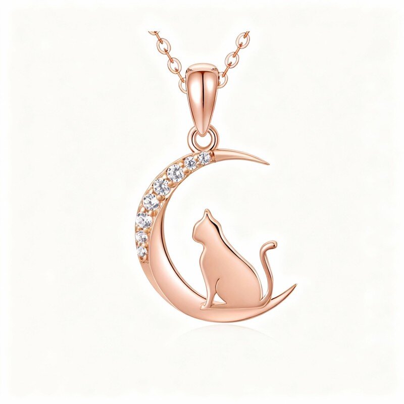 18K Rose Gold Cubic Zirconia Cat & Moon Pendant Necklace-1