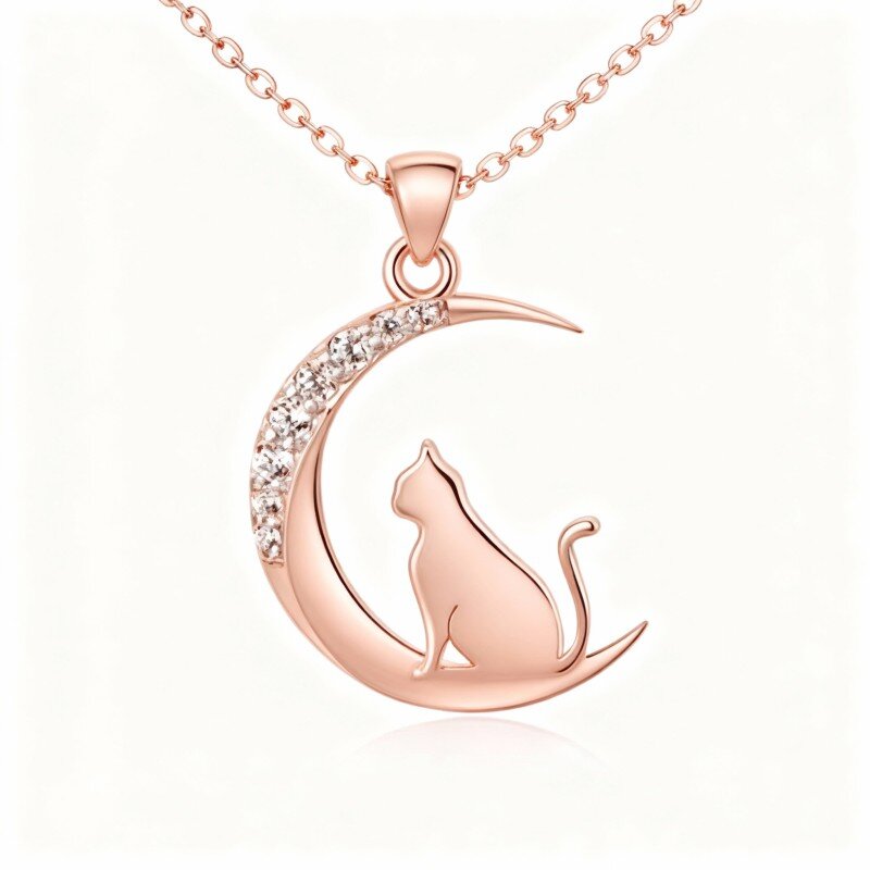 Colar com pendente gato e lua em ouro rosa 10K com zircónias cúbicas-11