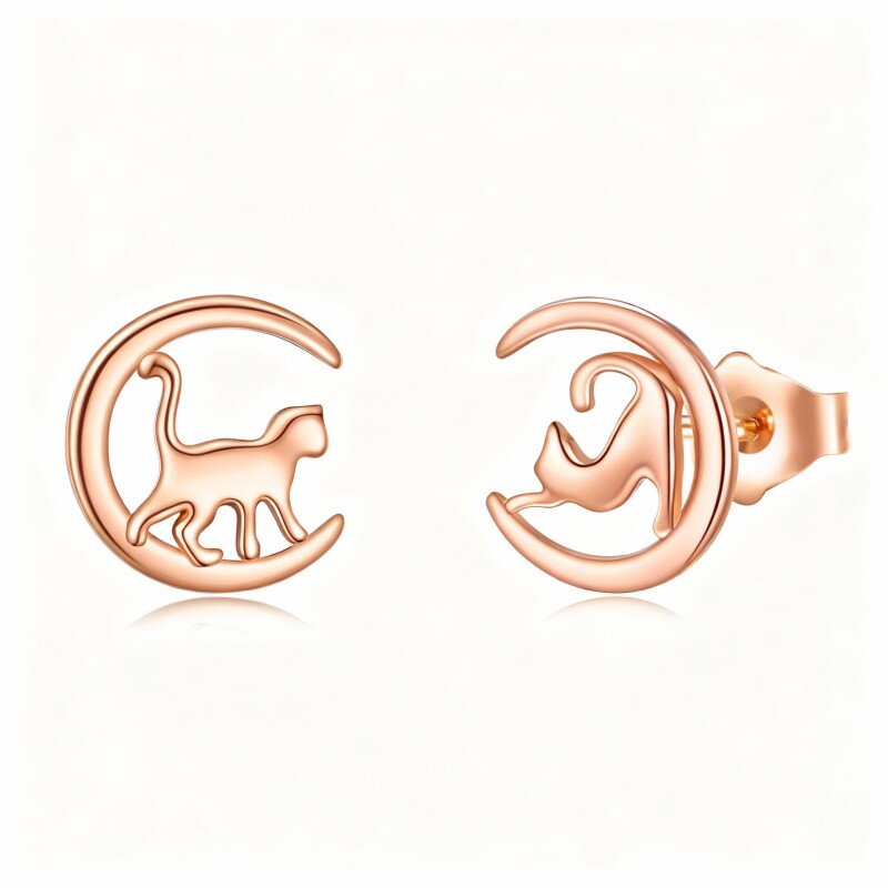 14K Rose Gold Cat & Moon Stud Earrings-1