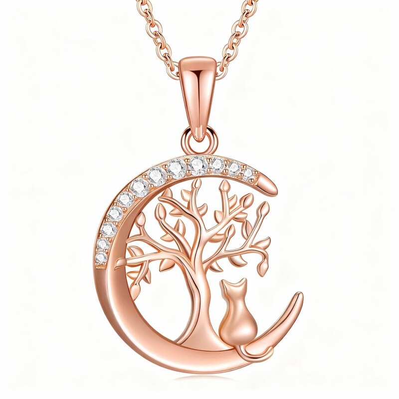 10K Rose Gold Cubic Zirconia Cat & Tree Of Life & Moon Pendant Necklace-1