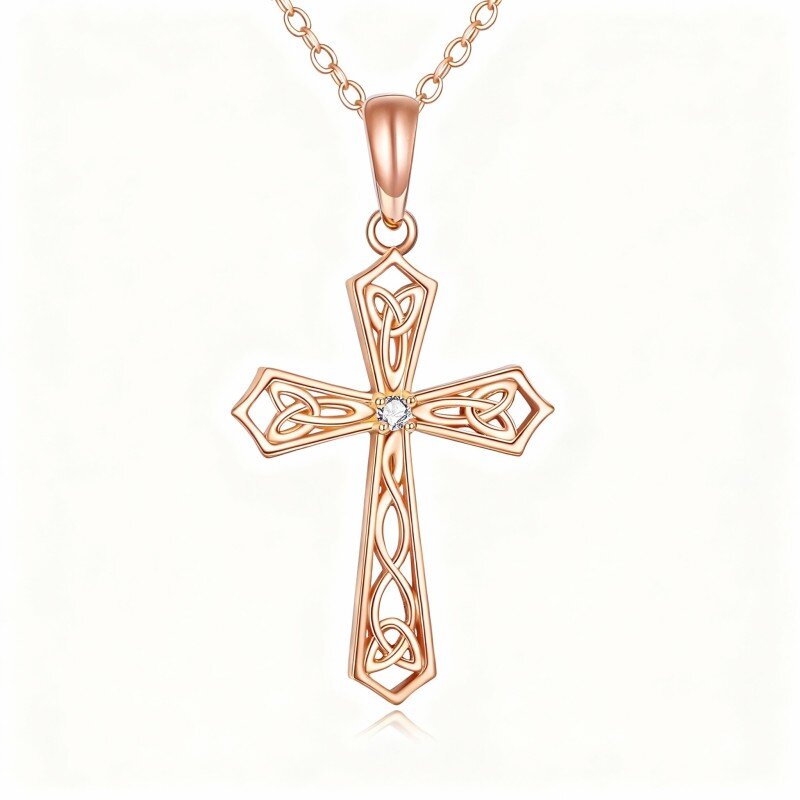 14K Rose Gold Cubic Zirconia Celtic Knot & Cross Pendant Necklace-1