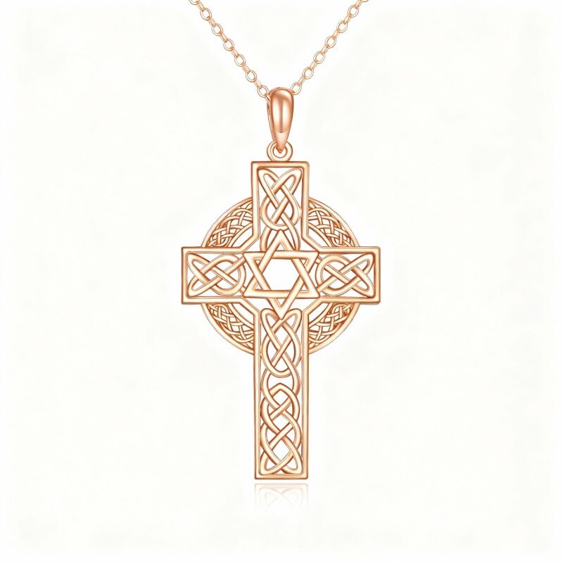 Collar con colgante de nudo celta, cruz y estrella de David en oro rosa de 18 quilates-1