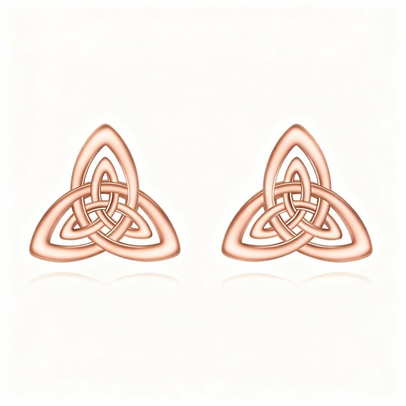 Orecchini a bottone con nodo celtico e triangolo in oro rosa 10K-1