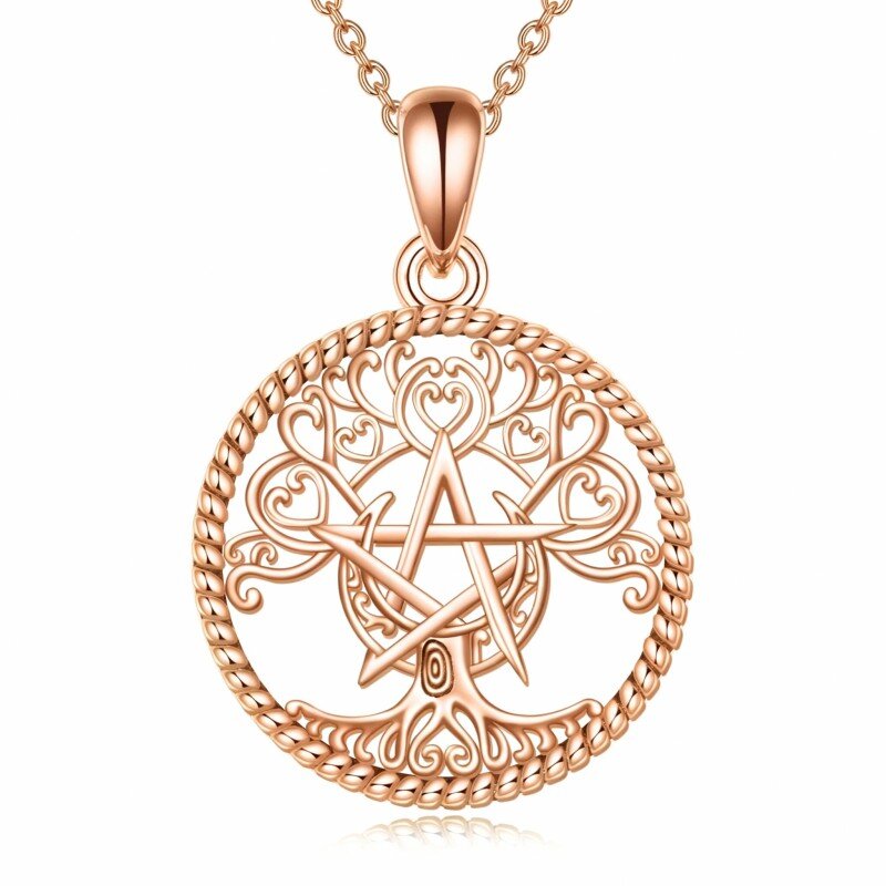 18K Rose Gold Celtic Spiral Knot & Heart & Pentagram Pendant Necklace-1