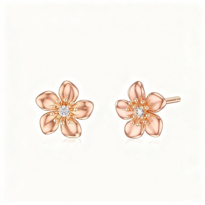 Brincos de flor de cerejeira em ouro rosa 10K com zircónias cúbicas-1