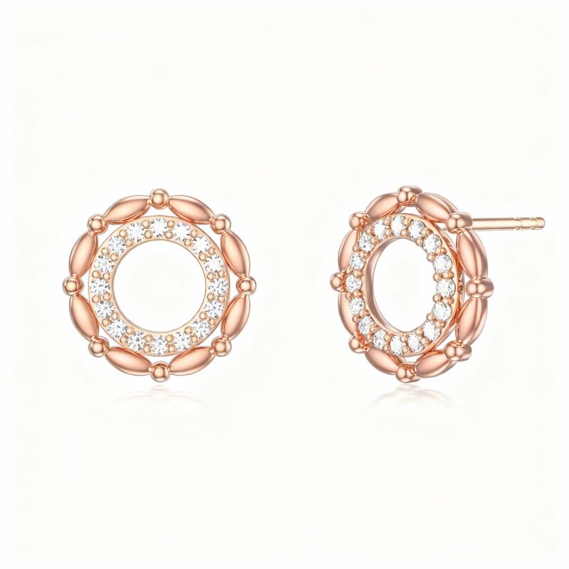 Pendientes de botón circulares de oro rosa de 10 quilates con circonitas cúbicas-1