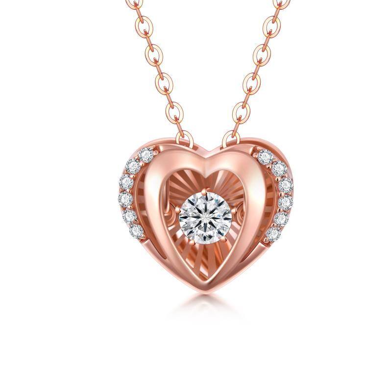 18K Rose Gold Circular Cubic Zirconia Heart With Heart Pendant Necklace For Women-1