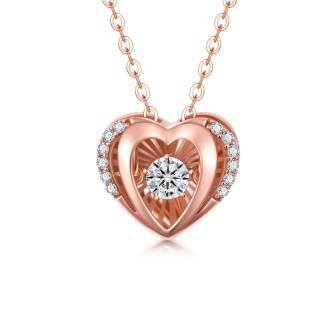 10K Rose Gold Circular Cubic Zirconia Heart With Heart Pendant Necklace For Women-60