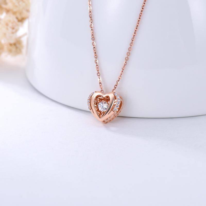 18K Rose Gold Circular Cubic Zirconia Heart With Heart Pendant Necklace For Women-3