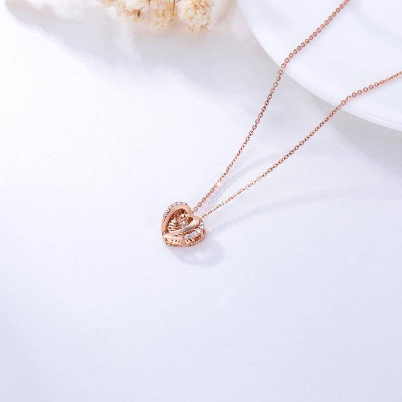 18K Rose Gold Circular Cubic Zirconia Heart With Heart Pendant Necklace For Women-4