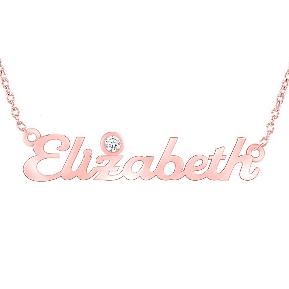 Collar con colgante de nombre clásico personalizado con piedra de nacimiento y circonita en forma circular en oro rosa de 14 quilates-2