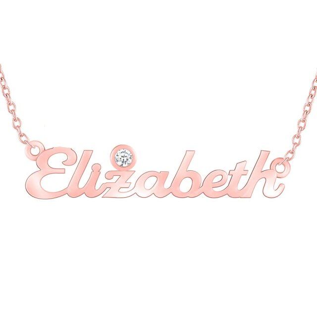 Colar com pingente de nome clássico personalizado em ouro rosa 18K com zircônia em formato circular e pedra de nascimento personalizada-2