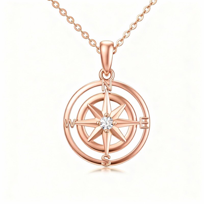 Kompass-Anhänger-Halskette aus 10-karätigem Roségold mit Zirkonia-1