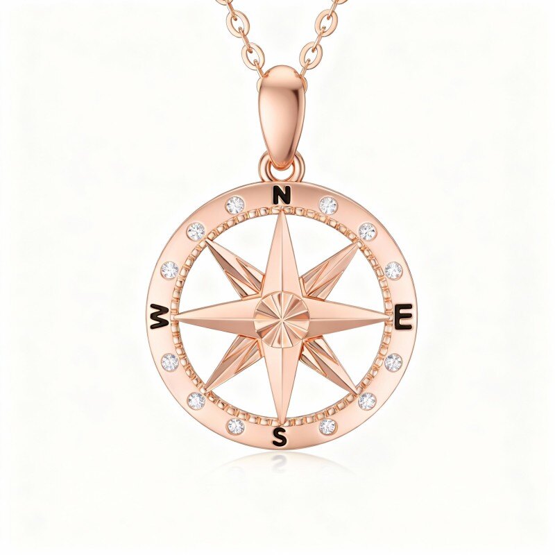 Colar com pendente bússola em ouro rosa 14K e zircónias cúbicas-1