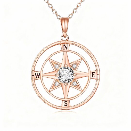 Colar com pendente de bússola e estrela em ouro rosa 10K com zircónias cúbicas
