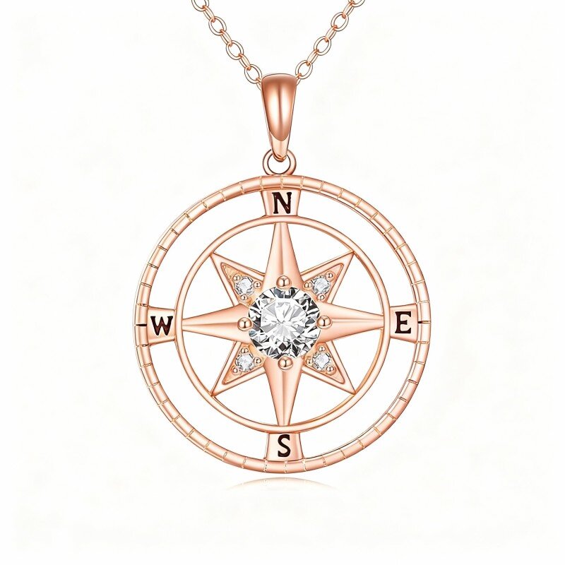 Collier pendentif boussole et étoile en or rose 10 carats et zircone cubique-1