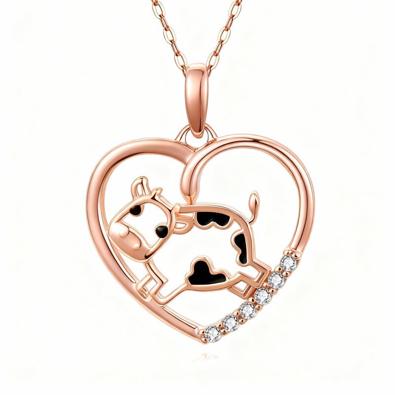 10K Rose Gold Cubic Zirconia Cow & Heart Pendant Necklace-1