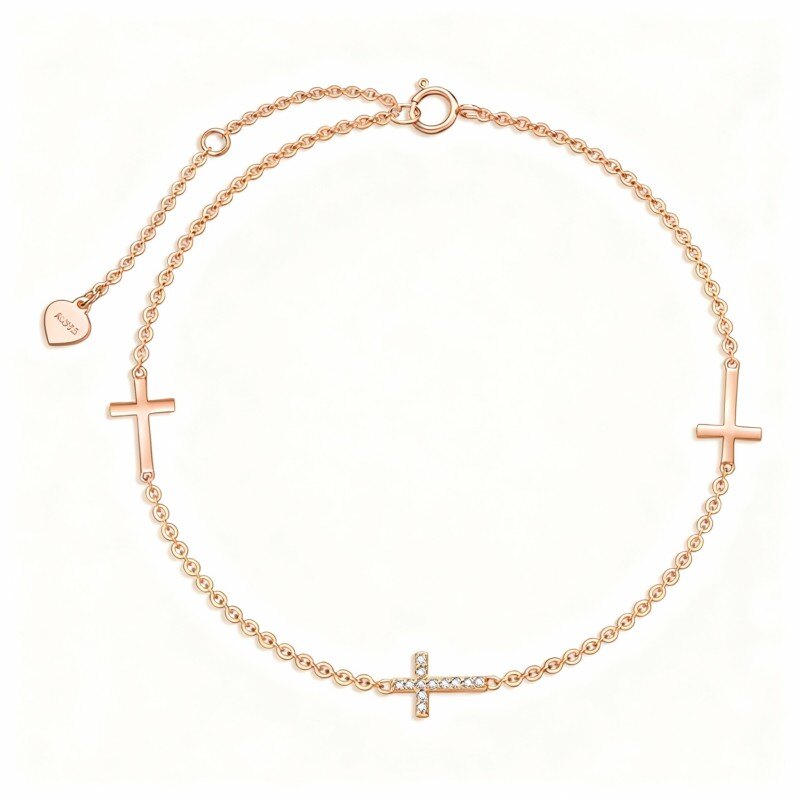 10K Rose Gold Cubic Zirconia Cross Charm Bracelet-1