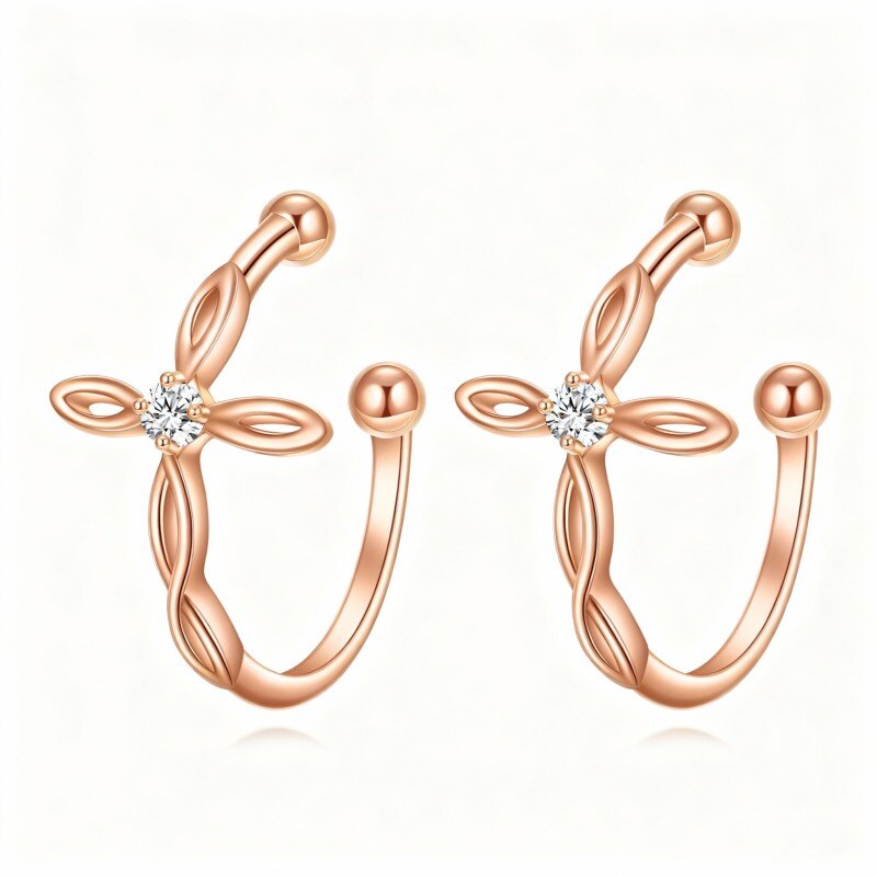 Boucles d'oreilles manchette croix en or rose 14 carats et zirconiums cubiques-1