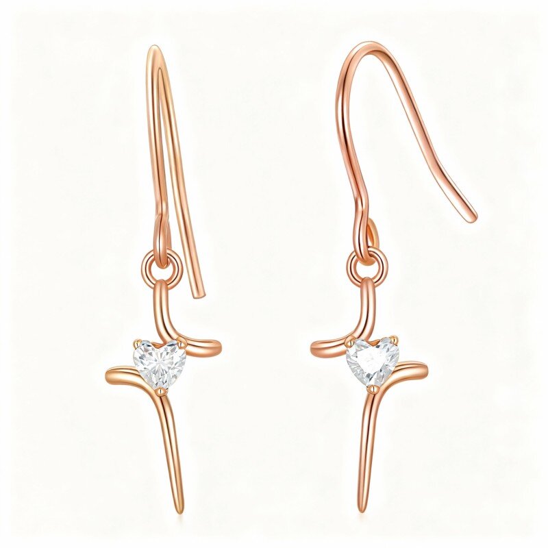 18K Rose Gold Cubic Zirconia Cross Drop Earrings-1